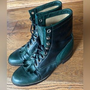 Justin Rare Green LEATHER Ankle Cowboy Western Lace-Up Roper Boot Kids Sz 31/2D